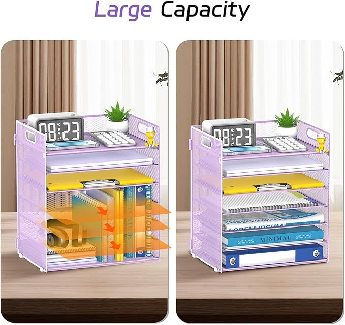 7 Tier Paper Organizer - Mesh Desktop File Holder with Handles for Office School Desk, Black (Purple)