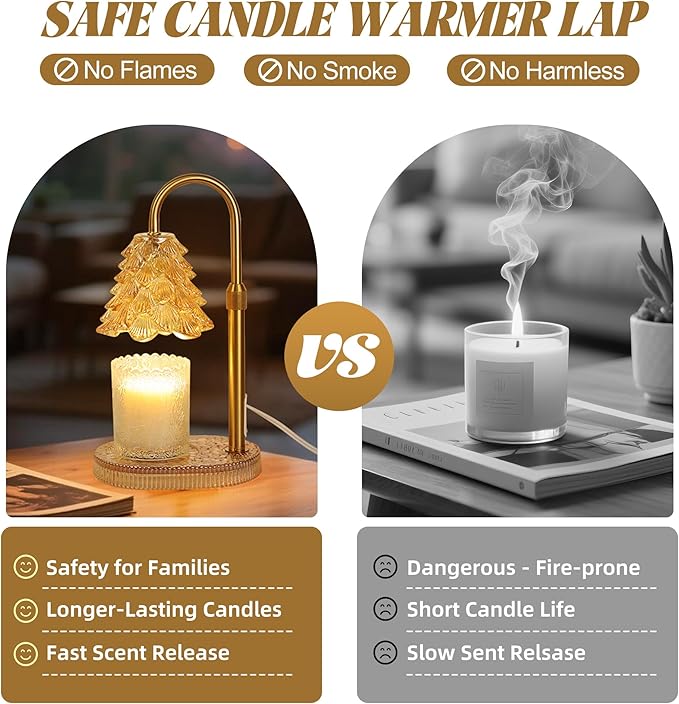 Christmas Tree Shaped Candle Warmer Lamp with Timer & Dimmer – Adjustable Wax Melt Lamp for Jar Candles, Home Decor Accent for Women – 2 Bulbs, Flame-Free & No-Smoke Use (Amber)