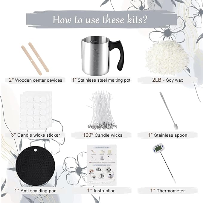 Wfmolcand Candle Making Kit with Hot Plate for Melting Wax,Including 2 LB Soy Wax, Melting Pot,5 Inch Wick Cotton,3-Hole Wicks Holder, Wick Sticker,Stirring Spoon,Thermometer,Anti-hot Silicone Mat…