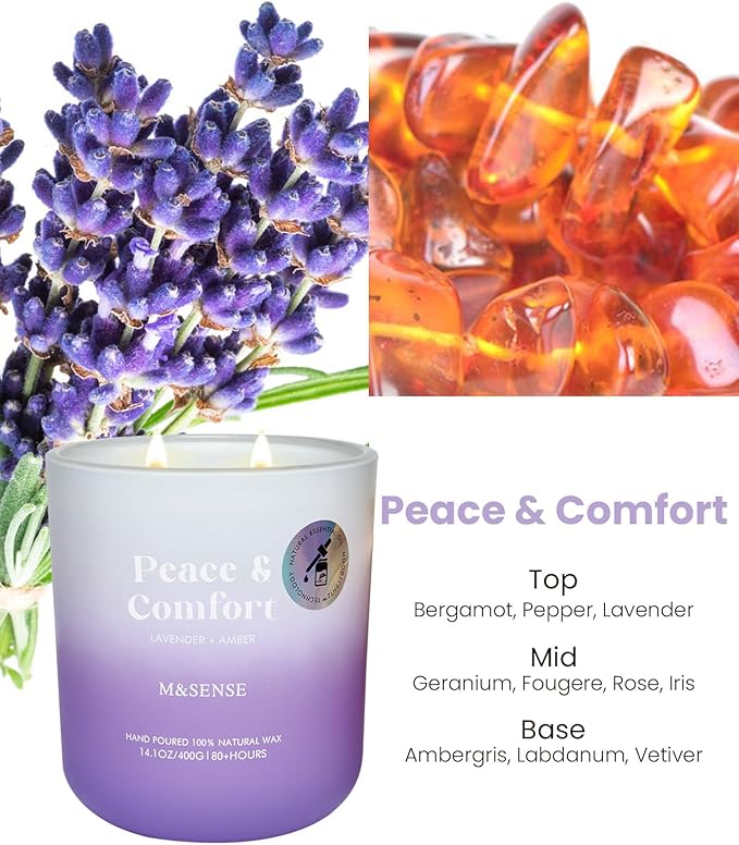 M&SENSE Lavender Amber Candle for Home Scented, 14.1oz Non Toxic 80 Hours Long Lasting Natural Soy Wax Aromatherapy Candle for Spiritual Healing & Stress Relief Gifts for Spa Yoga Meditation