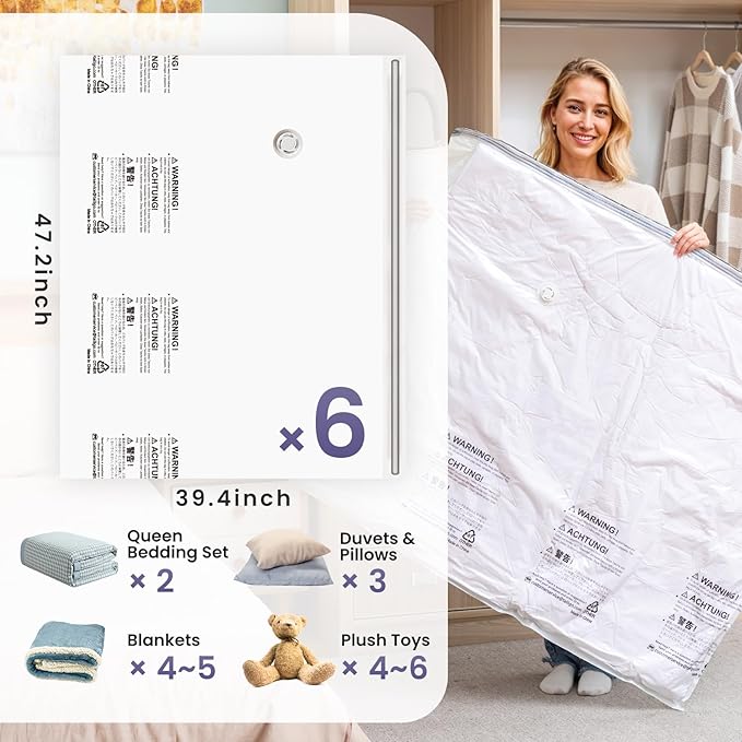 TAILI 6 Pack Vacuum Storage Bags, XXL Jumbo (47x39 Inch), Vacuum Sealed Bags for Comforter and Blankets, Bedding, Clothing, Giant Space Saver Bags for Huge Stuffed Toy