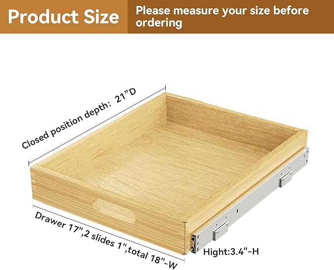 Pull Out Cabinet Organizer, Soft Close Wooden Drawer Storage Shelves for Kitchen, Durable Base Cabinet Solution for Pantry (18”W*21”D)