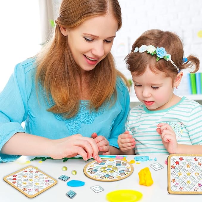 WATHFKCU 4 Sets DIY Glass Mosaic Tiles for Crafts,Mixed Color Mosaic Kits with Wooden Coaster for Adults,Mosaic Crafts Materials Package for Coaster Handmade Home Decor Gifts