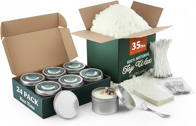 Hearth & Harbor 35 lbs. Soy Candle Wax with Supplies, 8 oz. 24 Pack Tin Jars with Lids, Cotton Candle Wicks, Wick Stickers and Centering Devices - Soy Wax Flakes with Containers for Candle Making