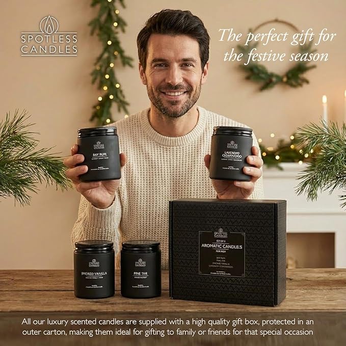 Scented Candles for Men - 200 Hours Burn Time in Gift Box & Protective Shipper - Men Candle Set x 4 - Cedarwood & Lavender/Bay Rum/Pine Tar/Smoke & Vanilla - Spotless Leopard