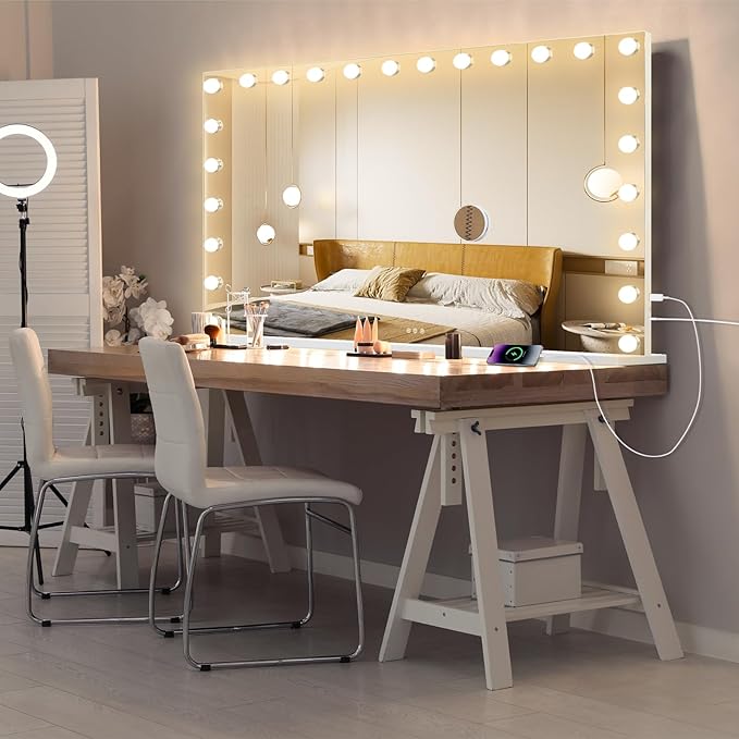 Ratsamee Hollywood Vanity Mirror with Lights, 24 Dimmable Bulbs, 3 Color Lights,Make Up Lighted Mirror, Aluminum Metal Frame, USB Charging Port（48" x 30"）