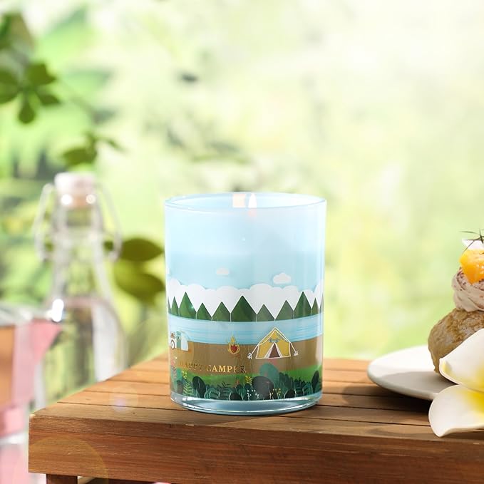 Happy Camping Candle,Fresh Forest Scented Candles,Candles for Home Decor,Summer Vacations Gifts for Friends,Adventure Lover,Travel,Climber,Hiker,Soy Wax Candle,10oz