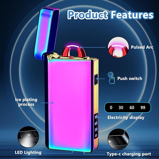 Electric Arc Lighter Rechargeable USB C Lighter Plasma Torch Windproof Big Lighters Unique Cool Lighters with Upgraded Secure Battery LED Flashlight for Camping, BBQ, Travelling (Ice Colorful)