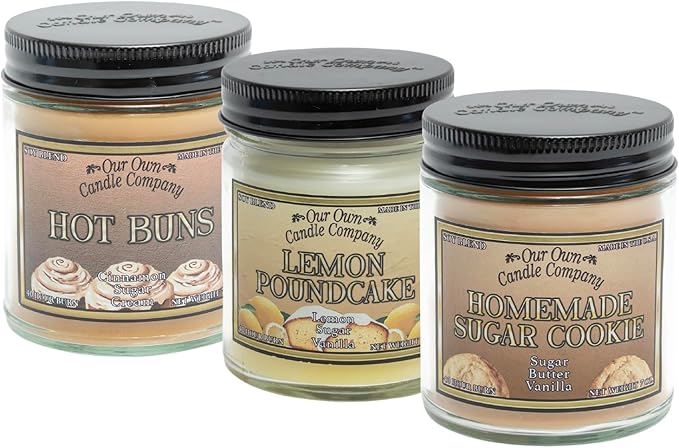 Our Own Candle Company, Cinnamon Hot Buns, Lemon Pound Cake, Homemade Sugar Cookie Scented Mason Jar Candles, 40 Hour Burn Time, 7 Ounces (3 Pack)