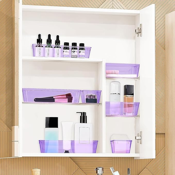 StorMiracle 13 PCS Drawer Organizer Set, 5 Varied Size Bathroom and kitchen Drawer cabinet organizer Trays, Clear Storage Bins for Makeup, Jewelry, Utensils and Gadgets, Purple