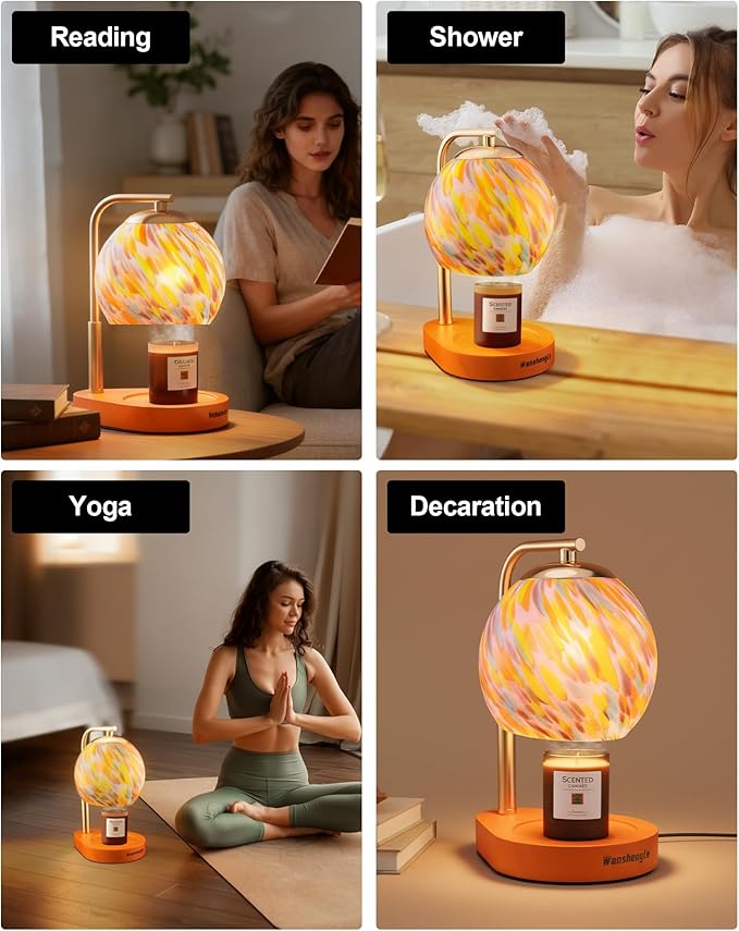 Stained Glass Candle Warmer Lamp with Dimmable 7-Level Brighness, Adjustable Height with 2/4/8H Timer, Home Decor with 2 Bulbs and Gifts for Women Mom Scented Jar Candles- Gold