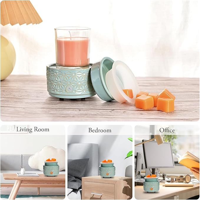 ASAWASA Wax Melt Warmer with 1 pc Silicone Dish,3-in-1 Ceramic Wax Melter Burner for Kitchen Home Spa Yoga Gift (Cyan Hexagon Pattern)