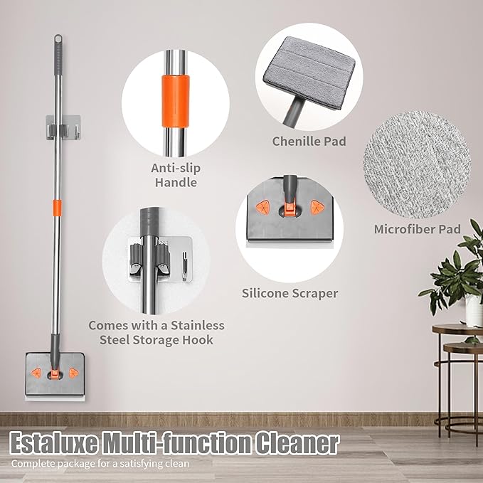 85” Baseboard Cleaner Tool with Handle and Hooks, 180° Rotating Wall Cleaner with Convex Design, Wall Mop with 6 Reusable Pads to Clean Wall, Window, Floor and Ceiling with Extension Poles