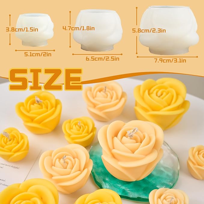 Rose Candle Making Kit with Candle Wicks Flower Silicone Mold for Candle Making Molds Set of Large + Medium + Small 3D Rose Molds DIY Handmade Soap Mould for Home Decor Valentine's Day Gift