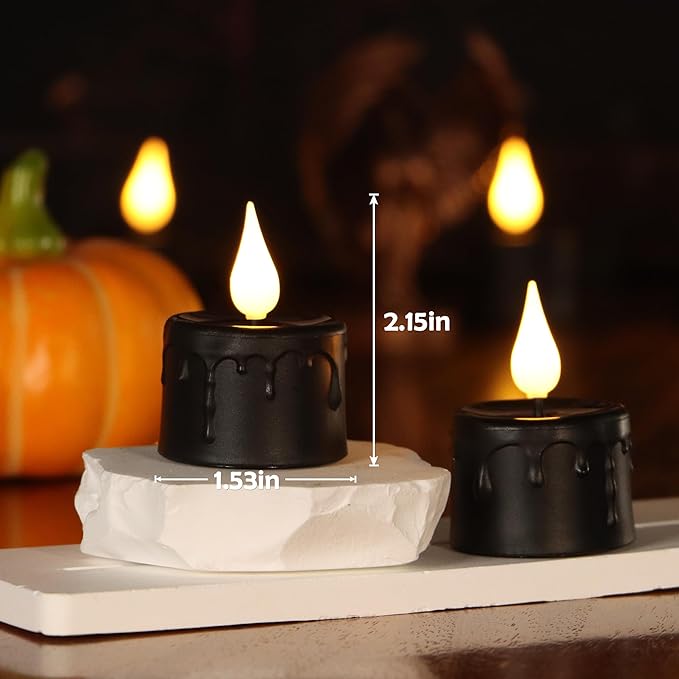 Daord 6 pcs Rechargeable Halloween Black Flameless LED Tea Light Candles Halloween Pumpkins Lights for Holiday Decor, Theme Party Decor(Black)