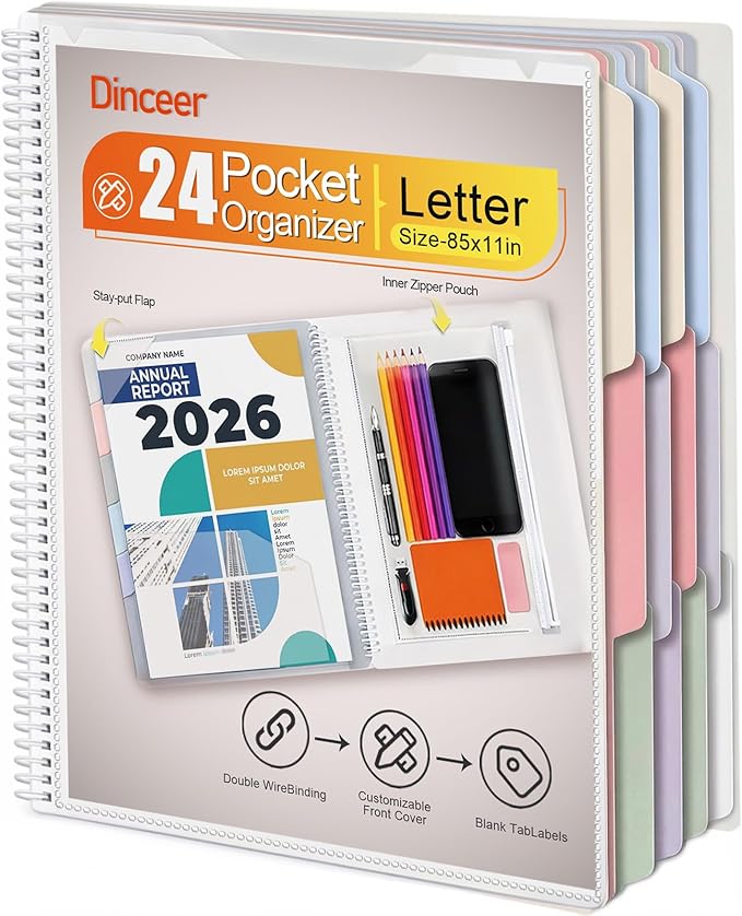24 Pocket Project Organizer Folder by Dinceer, Letter Size Expandable File Organizer with 12 Color Dividers, Quick View Clear Cover Pocket, Inner Zipper Pouch, Heavy Duty Plastic