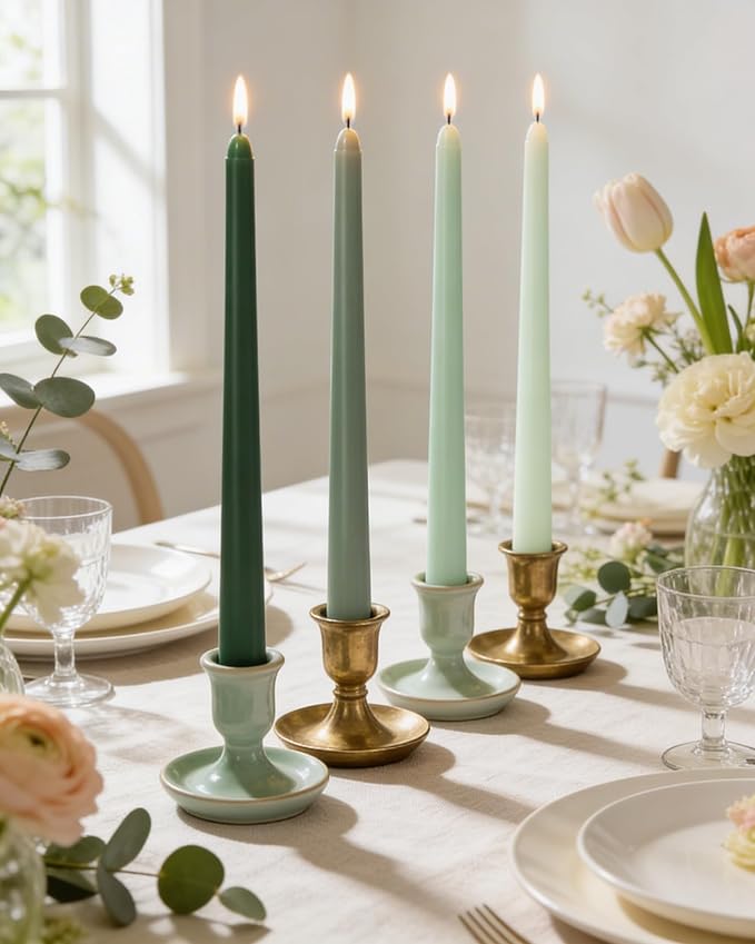 Viyffo Taper Candles, 12 Inch, 12 Pack, Green – Unscented, Smokeless Design, Up to 8-Hour Burn – Tall Candlesticks for Table Decor, Weddings & Dinners