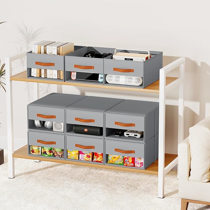Stackable Storage Drawers - Pull Out Storage Bins with Drawers for Closet Clothes Organizers with Weekly Labels & Clear Window, Closet Shelf Storage for Bedroom, Living Room, 5 Pack, Grey