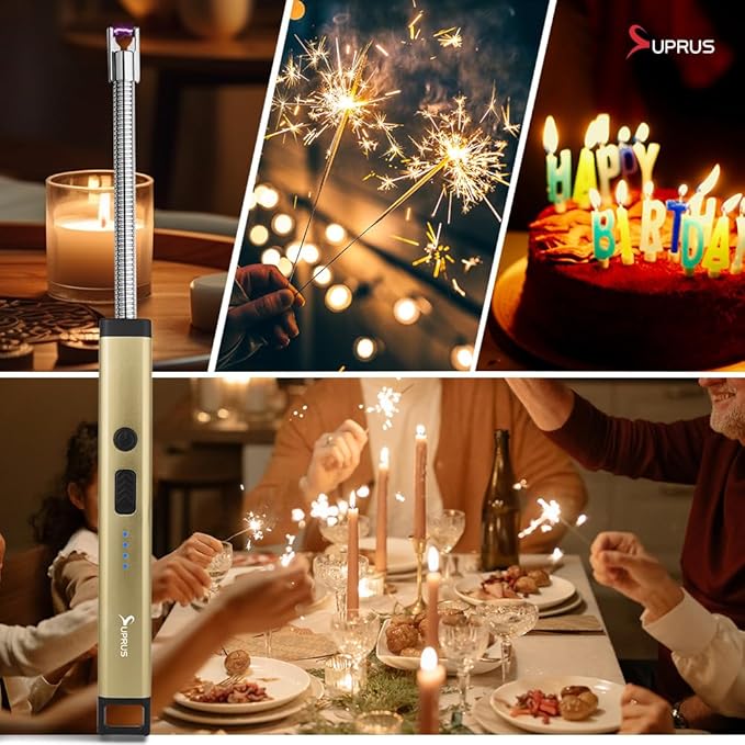SUPRUS Rechargeable Candle Lighter Electric Arc Triple Safety Long Lighter Stainless Steel Shell & Hanging Hook (Champagne Gold)