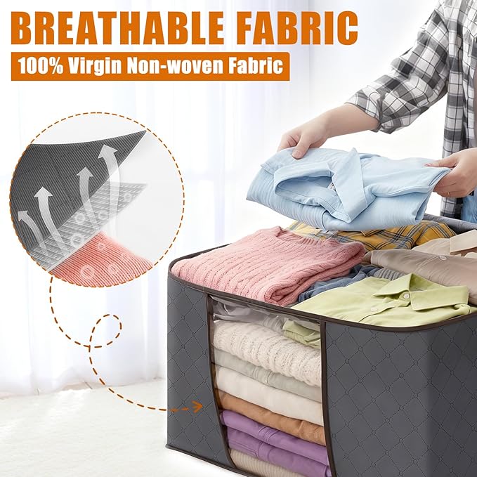 90L Large Foldable Storage Bags with Lids, 6 Pack - Closet Qrganizers and Storage Containers for Clothes, Blankets, Bedding | Reinforced Handles, Home Storage Bins, Gray