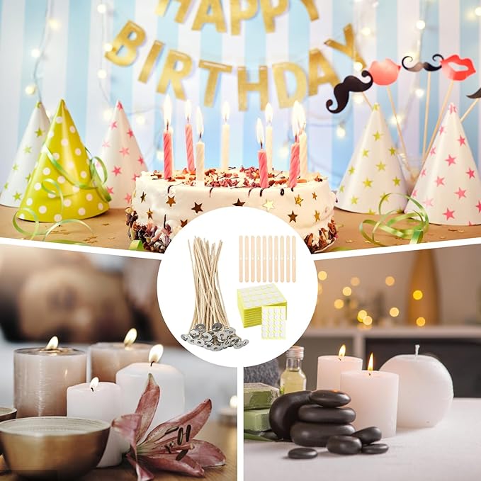 50 Pcs 8 Inch Natural Cotton Candle Wicks Kit, Pre-Waxed Wicks with 120 Wick Stickers & 10 Wooden Holders, for Soy Wax, Beeswax, Coconut Wax DIY Craft