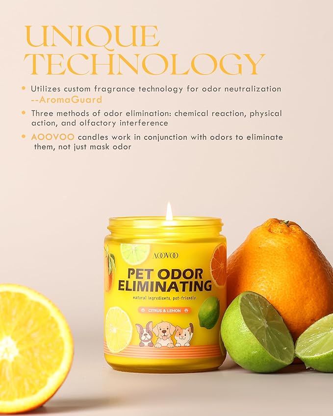 AOOVOO 2 Pack Lemon Citrus Pet Odor Eliminating Highly Fragranced Candle - Eliminates 95% of Pet, Smoke, Food, and Other Smells Quickly, Air Freshing Soy Candle