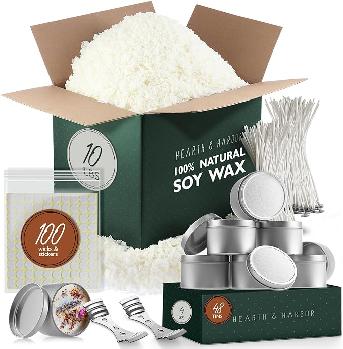 Hearth & Harbor Natural Soy Wax and DIY Candle Making Supplies - 10 Lbs. Soy Candle Wax Flakes, Candle Tin Cans with Lid 48 Pack - 4 oz., 100 Cotton Wicks, and 2 Metal Centering Device