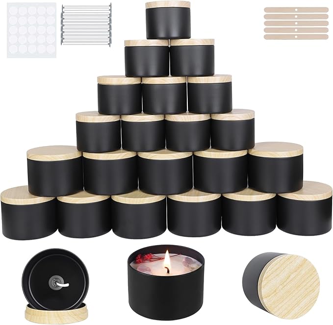 CONNOO 24 Pack Candle Tins, 12pcs 8 OZ & 12pcs 4 OZ Black Jars with Metal Wood-Grain Lids for Making Candles, Bulk Empty Containers for Candle Making, Wick Kit Included