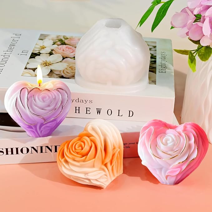 Rsoe Candle Molds, 3D Heart Shaped Rose Flower Silicone Molds for Candle Making, Handmade Soap, Love Roses Resin Casting, DIY Home Decor Valentine's Day Mothers Day Gift