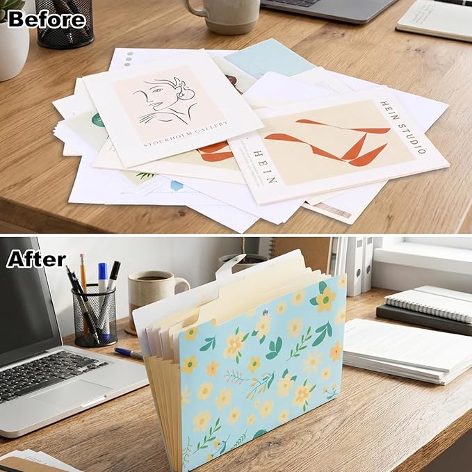 EOOUT 6pcs Expanding File Folders with 5 Pockets, Floral Accordion Folders for Documents, A4 Letter Size Plastic File Organizer with Snap Button for School and Office Supplies
