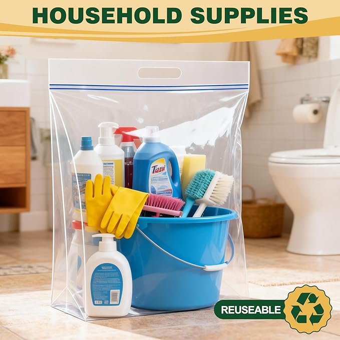 TUXIYA 5 PACK Extra Large Storage Bags, 10 Gallon 24"x20"x7", Resealable Clear Bags with Handle, XL Heavy Duty for Clothes Travel Moving, Double Zipper Seal, Expandable Bottom, Thick 8 Mils