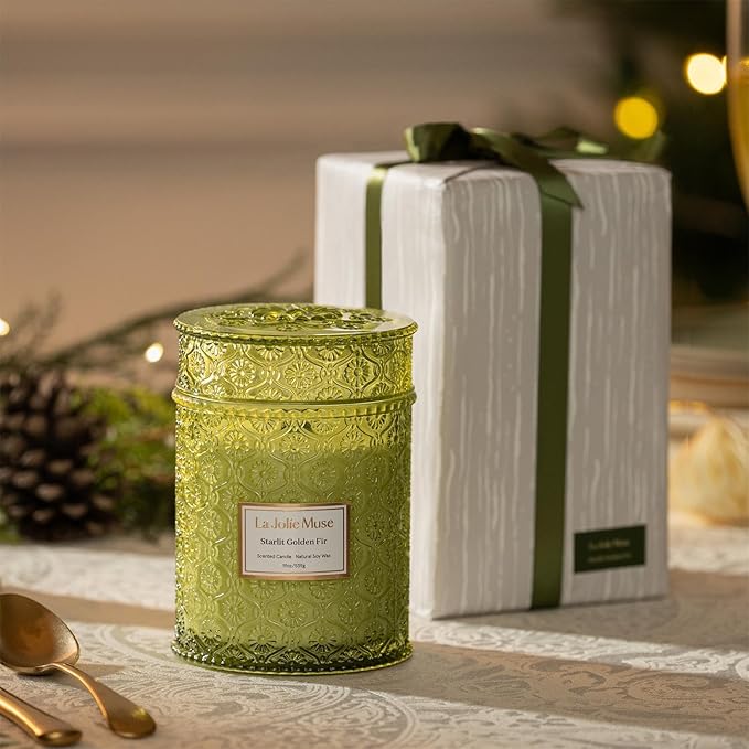 LA JOLIE MUSE Starlit Golden Fir Candle – Pine, Cedarwood, Fir Balsam | 19 oz Large Wooden Wick Candle | Natural Soy Wax | 90 Hours Clean Burn | Gift-Ready for Hosts & Gatherings