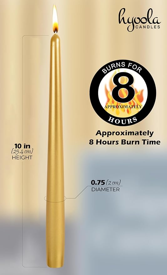 Hyoola Tall Taper Candles - 10 Inch Metallic Gold Dripless, Unscented Dinner Candle - Paraffin Wax with Cotton Wicks - 8 Hour Burn Time (Pack of 12)