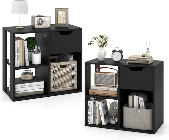 LOKO 3-Cube Bookshelf with Drawer Set of 2, 2-Tier Open Shelf Bookcase, Freestanding Display Shelf, Modern Home Storage Organizer, Shelving Unit for Living Room, Bedroom, Study, Office (2, Black)