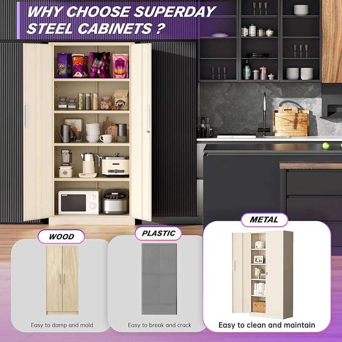 Superday Metal Storage Cabinets, 71" Storage Cabinet with Locking Door, Tall Garage Cabinet with 2 Doors and 4 Adjustable Shelves for Home Office, Classroom, Easy Assemble((Putty)