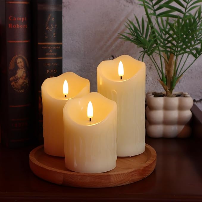 Rechargeable Flameless Candles, Flickering LED Candles with Remote and Timer, Long Lasting Ivory Real Wax Electric Pillar Candle for Christmas Home Wedding Decorations, Set of 3