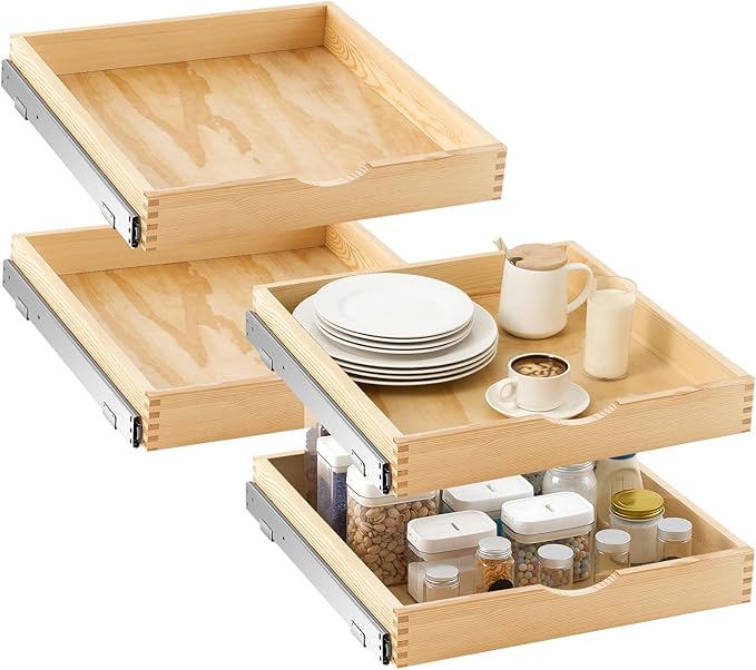 Sintuff 4 Pack Wooden Pull out Tray Cabinet Organizer Gentle Close Roll out Shelves for Kitchen Cabinets Fully Assembled Slide Pantry Shelves (21'' X 21'')