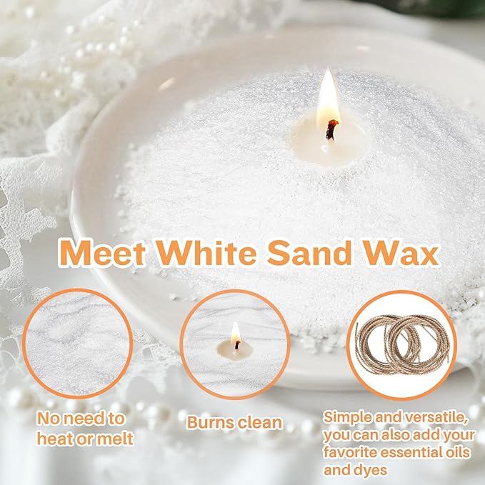 White Pearled Candles for DIY Christmas -15.87oz Sand Wax Refillable Sand Candles with Wicks and Wick Tabs Candle Beads and Wicks for DIY Candle for Christmas, Home, Weddings