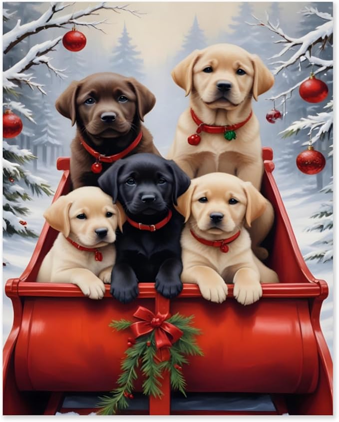 QZOTRXI Christmas Paint by Number Kits for Adults, Easy Dog Winter Sledding Paint by Number Kits, DIY Christmas Dog Paint by Numbers Kits for Home Wall Decor UNFRAMED 20x16 inch