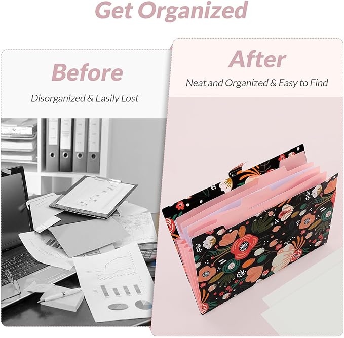 SKYDUE Expanding File Folder with 5 Pockets, Floral Accordion File Organizer for Important Document, Portable Receipt Paper Organizer, School Office Supplies Black