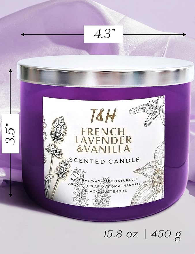 Lavender Vanilla 3-Wick Soy Candle | 80 Hour Burn | 15.8 oz Aromatherapy Scented Candle for Home | Calming Floral Scent | Gift Ready