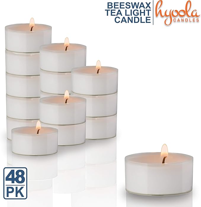 Hyoola Beeswax Tea Light Candles, Decorative Unscented Natural Tealight Candles for Home and Centerpieces, 4 Hour Burn Time - White (Pack of 48)