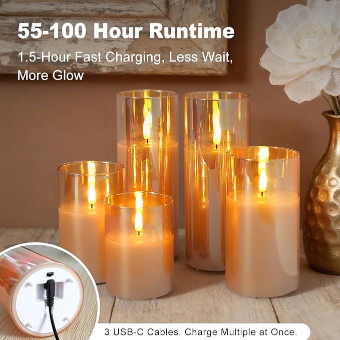Rechargeable Flameless Candles, Realistic Flickering LED Flameless Candles Real Wax Candle with Remote Control and Timer, Gold Glass Electronic Candle, 1 Set of 5（Gold）