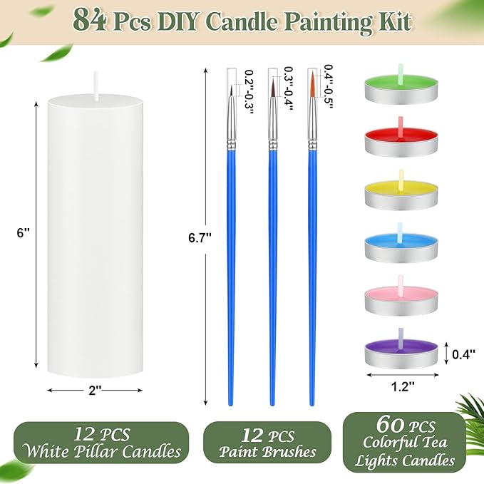 MTLEE 84 Pcs DIY Candle Painting Kit Include 12 White Pillar Candles 60 Colored Tealight 12 Paint Brushes for DIY Crafts Birthday Wedding Party Centerpiece(2"x6")