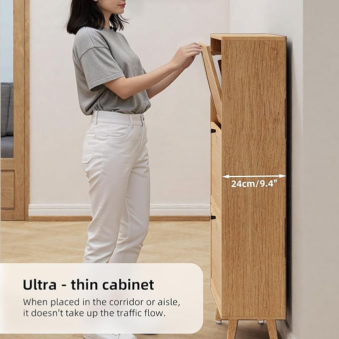 Fsbecl Shoe Storage Cabinet for Entryway with 3 Flip Drawers, Narrow Shoe Organizer with Fluted Panel, Freestanding Wood Hidden Shoe Cabinet for Hallway (Wood Color, 23.6''W, Double Layer)