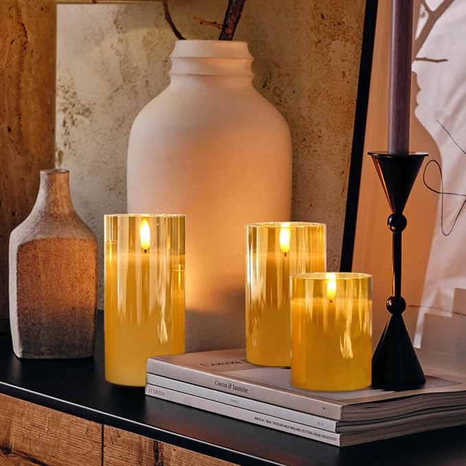 Rechargeable Candles with Remote, Rechargeable Flameless Candles with Timer, LED Battery Operated Candle with 3D Wick and Charging Cable for Halloween Christmas Decor(Gold)