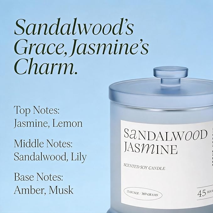 Sandalwood Jasmine Scented Candle, 13oz Natura Soy Wax Non Toxic, 2 Wicks Large Candles for Home Scented, 75Hs Long Lasting Clean Burn | Aromatherapy Candle for Home Decor, Stress Relief & Relaxation