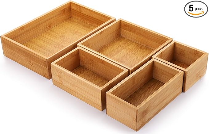 Lawei Set of 5 Bamboo Drawer Organizer Boxes, Desk Storage Box Kit, Drawer Storage Containers Tray Bins for Office, Kitchen, Bedroom, Children Room, Craft, Sewing