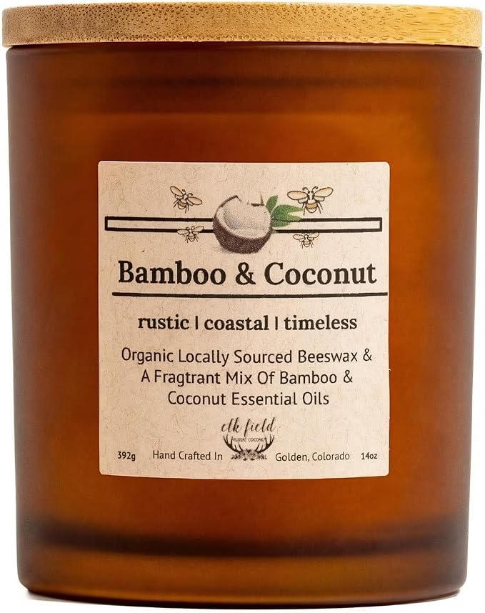 Bamboo Coconut Organic Beeswax Candle | 2 Ingredients | 100% Pure Beeswax Candles, Non Toxic, Natural, Organic Candles, Beeswax Candles Scented, Non Toxic Candles, 80 Hour, 14oz