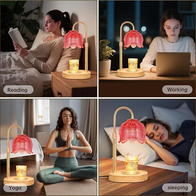 Flower Candle Warmer Lamp for Jar Candles with Timer & Dimmer, Adjustable Height Fits Large Jars up to 7.08" Tall, Flameless Wax Warmer, Cozy Bedroom Home Decor, Gift for Mom Women,Red
